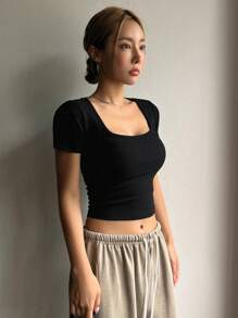 DAZY 方领罗纹针织短款T恤学院风上衣 - 黑色 - 查看 6