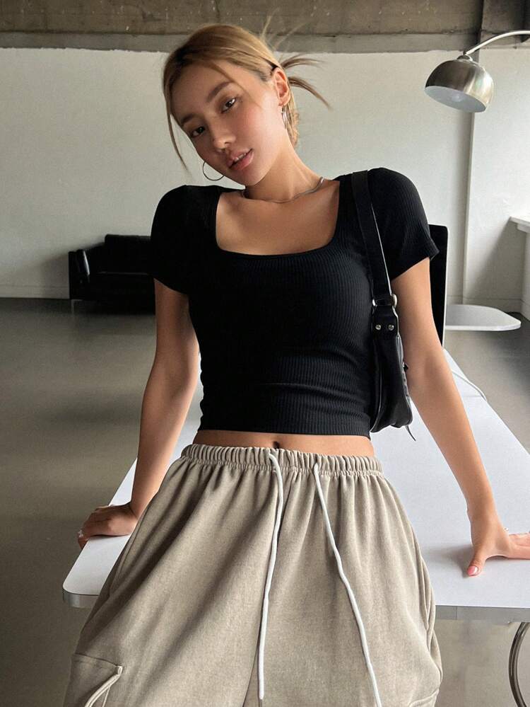 Square Neck Ribbed Knit Crop Tee Preppy Tops Cute Tops