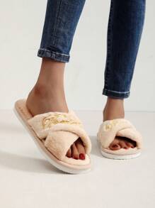 Embroidered Fluffy Women's Home Slippers, Soft And Quiet Indoor Furry Slides - Apricot - View 1