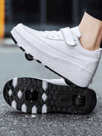 Kids' Outdoor Sports Shoes With 2 Wheels, Skating Shoes, Roller Sneakers, Solid Color