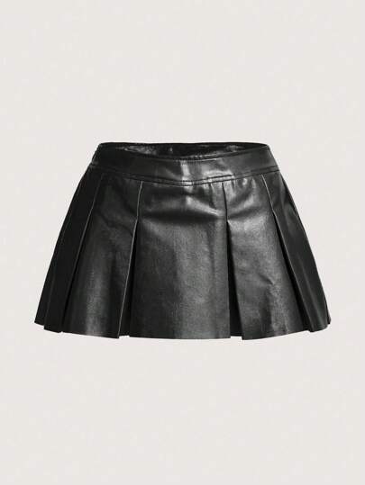 SHEIN X Antonella SHEIN ICON Solid PU Leather Pleated Skirt