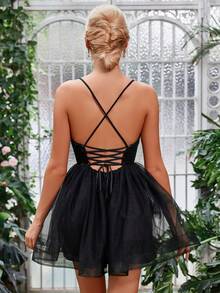 Faeriesty Elegant Deep V-Neck Blooming Tulle Gown With Delicate Spaghetti Straps & Back Lacing Detail, Women's Formal Evening Dress With Sparkling Sequin Embroidery – Perfect For Black-Tie Galas, Wedding Receptions, Red Carpet Events, Bridal Portraits, And Luxury Anniversary Celebrations - Black - View 2