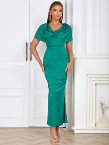 提花垂領魚尾裙下擺緞面洋裝