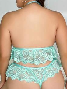 大碼花卉蕾絲貝殼邊前打結內衣套裝 - 綠色 - 查看 3