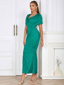 提花垂領魚尾裙下擺緞面洋裝