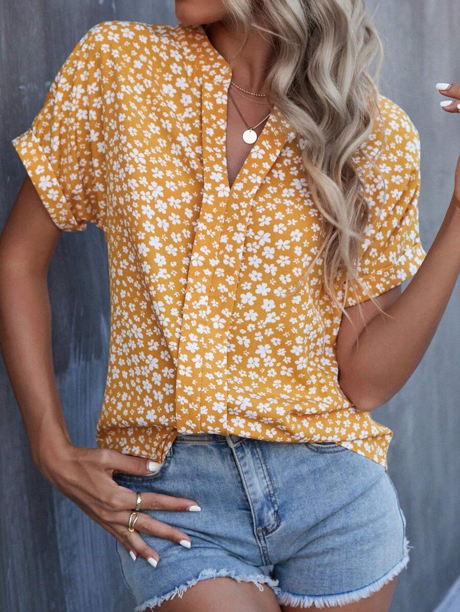 SHEIN LUNE Floral Print Batwing Sleeve Blouse - Yellow - View 1
