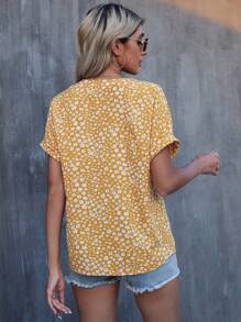 SHEIN LUNE Floral Print Batwing Sleeve Blouse - Yellow - View 2