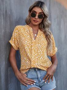 SHEIN LUNE Floral Print Batwing Sleeve Blouse - Yellow - View 6