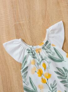 SHEIN Đứa bé gái Sơ sinh In hoa Viền Ruffle Romper & Băng đô đầu - trắng - Xem 6