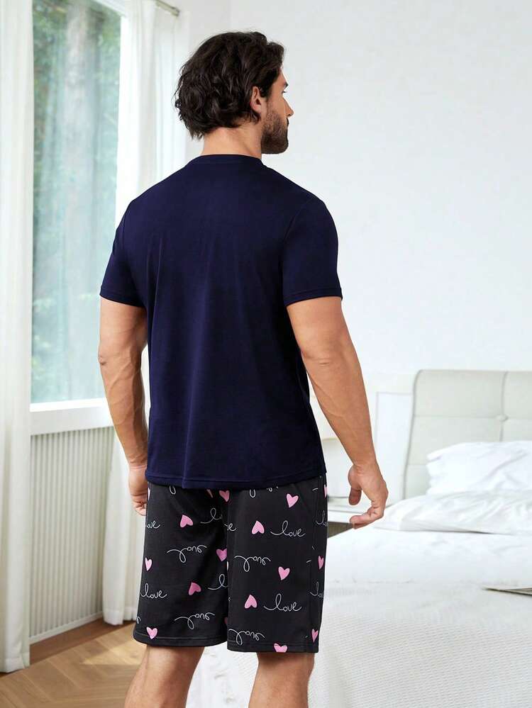 Men Letter & Heart Print PJ Set / Pajama Set