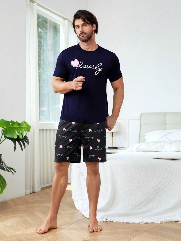Men Letter & Heart Print PJ Set / Pajama Set