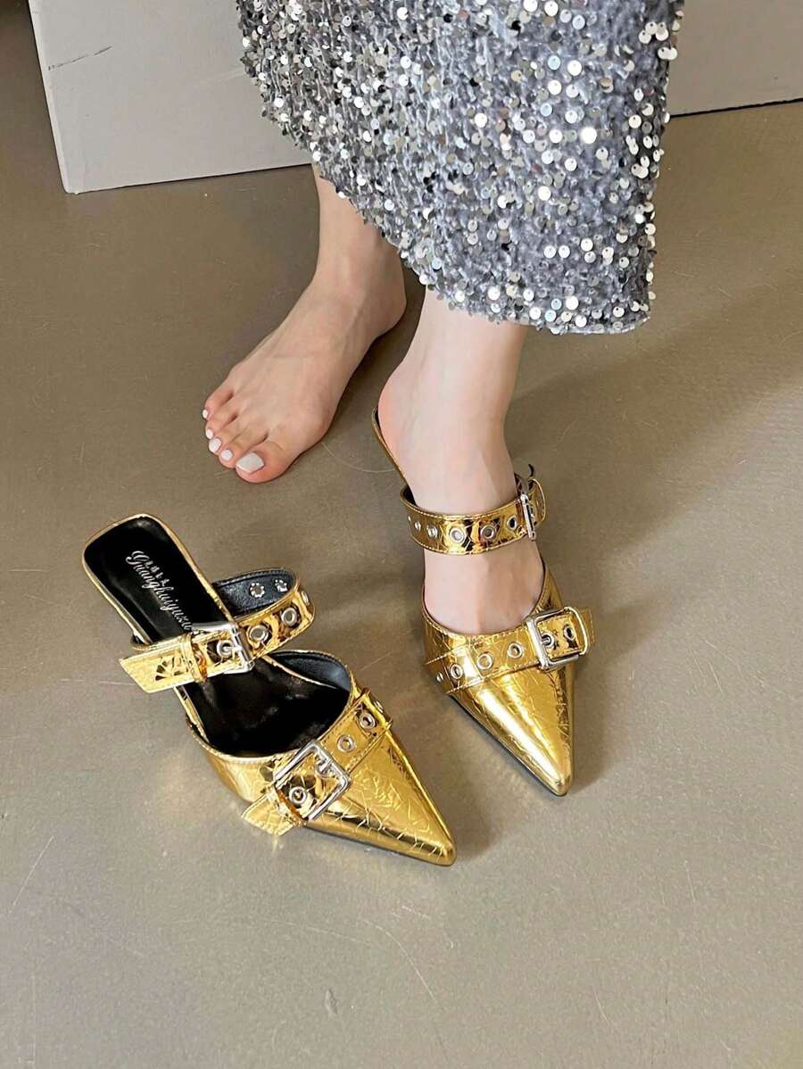 Women's Pointed Toe Double Buckle Kitten Heel Mules In Gold - Gold - View 1