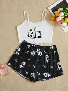 熊貓印花木耳邊睡衣套裝 - 黑與白 - 查看 1