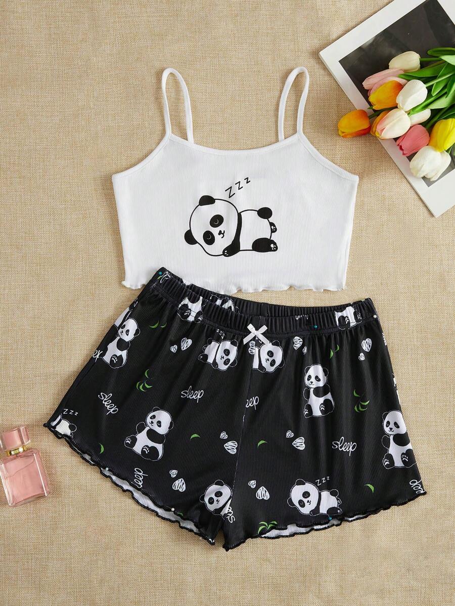 熊貓印花木耳邊睡衣套裝 - 黑與白 - 查看 1