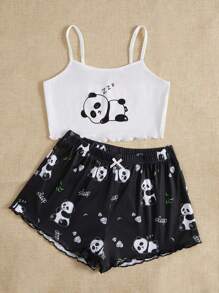 熊貓印花木耳邊睡衣套裝 - 黑與白 - 查看 3