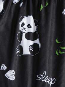 熊貓印花木耳邊睡衣套裝 - 黑與白 - 查看 4