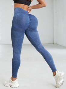 Easithlete 紮染寬腰帶緊縮褶皺臀部運動打底褲 - 藍色 - 查看 1