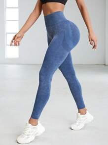 Easithlete 紮染寬腰帶緊縮褶皺臀部運動打底褲 - 藍色 - 查看 3