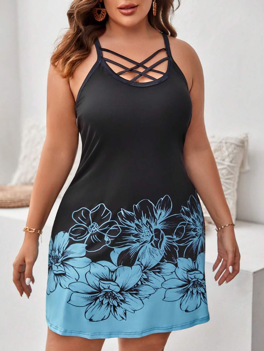 SHEIN LUNE 大碼印花前交叉吊帶連衣裙 - 彩色 - 查看 1