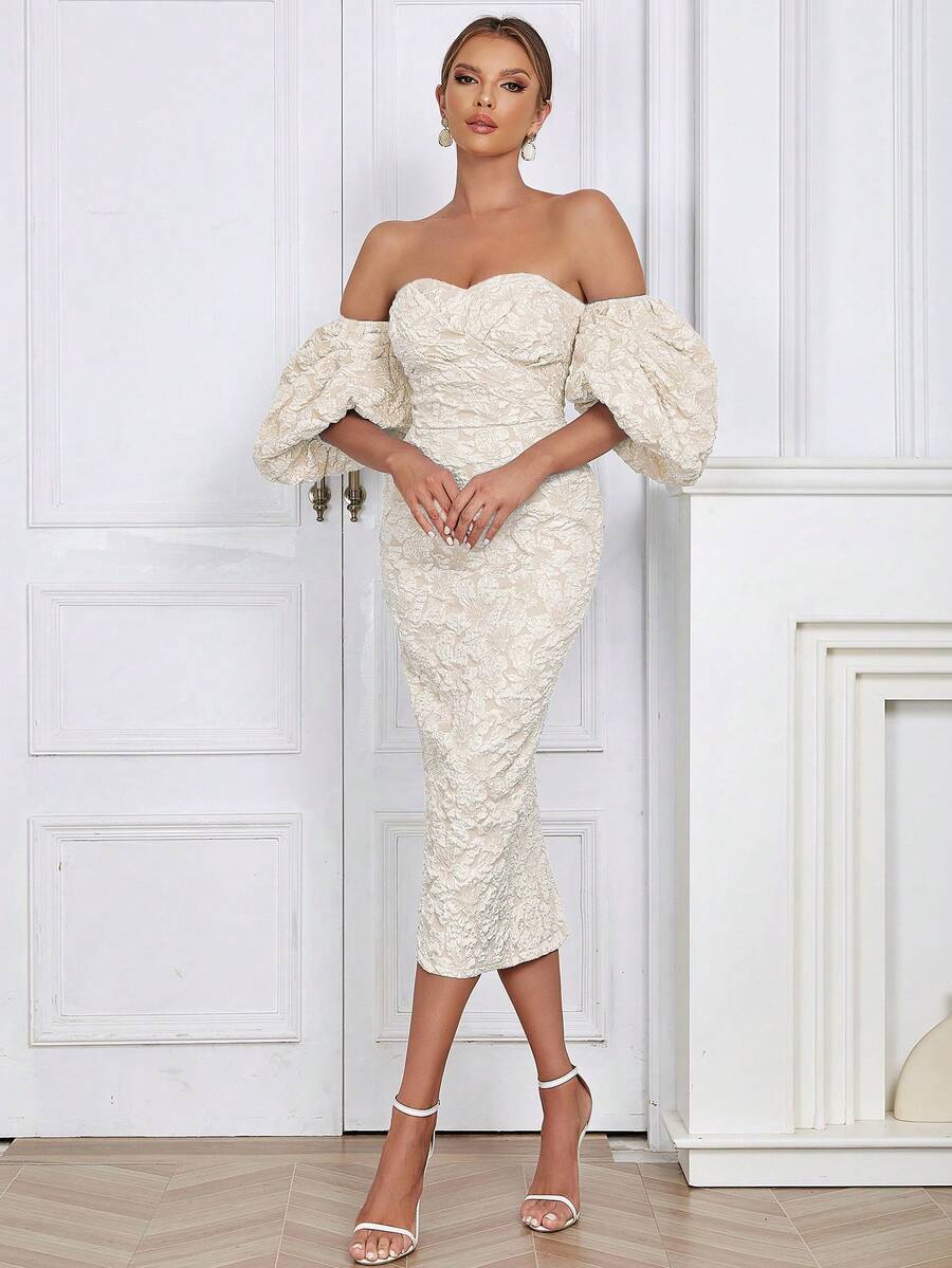 Vestido de hombros descubiertos de manga farol con abertura de espalda abierta jacquard - Albaricoque - Ver 1