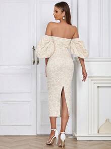 Vestido de hombros descubiertos de manga farol con abertura de espalda abierta jacquard - Albaricoque - Ver 2