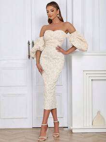 Vestido de hombros descubiertos de manga farol con abertura de espalda abierta jacquard - Albaricoque - Ver 3