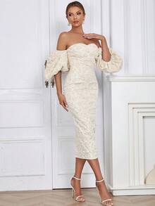 Vestido de hombros descubiertos de manga farol con abertura de espalda abierta jacquard - Albaricoque - Ver 5