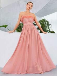 荷葉邊雪紡抹胸伴娘連衣裙 - 藕粉色 - 查看 1