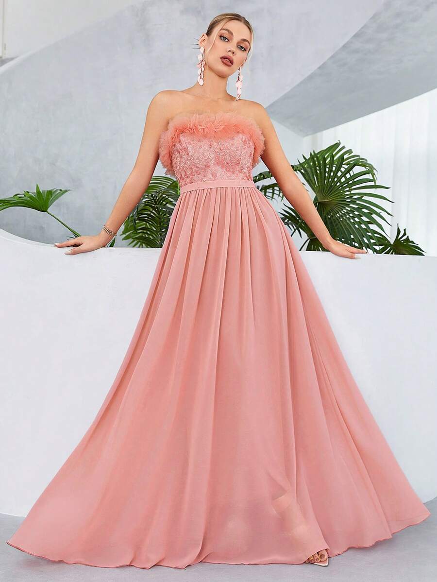 荷葉邊雪紡抹胸伴娘連衣裙 - 藕粉色 - 查看 1