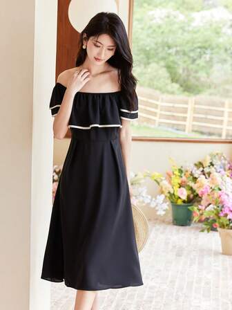 Contrast Binding Off Shoulder Ruffle Trim Dress