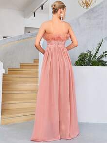 荷葉邊雪紡抹胸伴娘連衣裙 - 藕粉色 - 查看 2