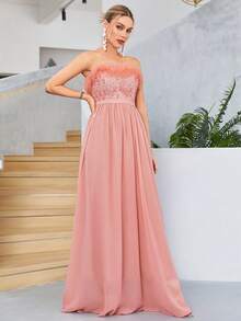 荷葉邊雪紡抹胸伴娘連衣裙 - 藕粉色 - 查看 4