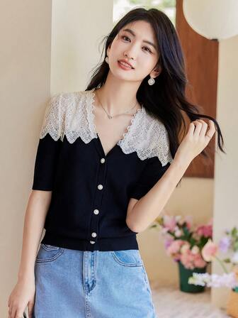 Contrast Lace Button Front Cardigan