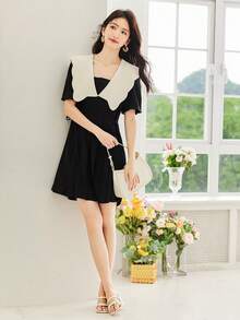 Vestido de cuello en contraste bajo fruncido - Negro - Ver 3