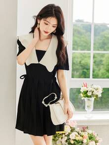 Vestido de cuello en contraste bajo fruncido - Negro - Ver 4
