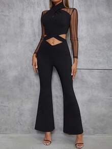Contrast Mesh Cut Out Flare Leg Jumpsuit - Black - View 3