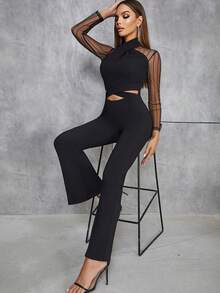 Contrast Mesh Cut Out Flare Leg Jumpsuit - Black - View 4