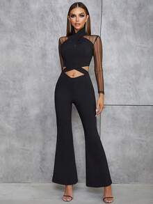 Contrast Mesh Cut Out Flare Leg Jumpsuit - Black - View 5