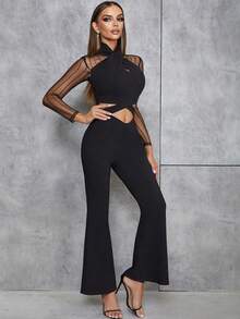 Contrast Mesh Cut Out Flare Leg Jumpsuit - Black - View 6