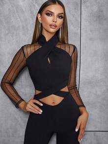 Contrast Mesh Cut Out Flare Leg Jumpsuit - Black - View 7