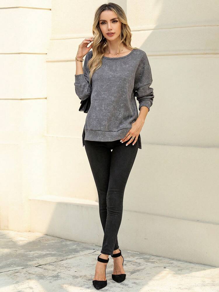 Solid Drop Shoulder Split Hem Sweatshirt