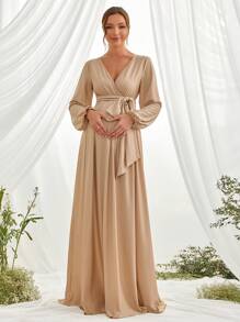 孕妇斜领灯笼袖系带优雅连衣裙，适合派对 - 卡其色 - 查看 2