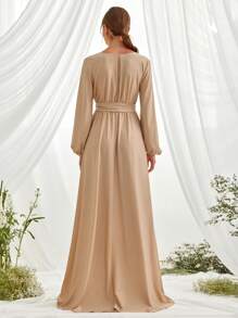 孕妇斜领灯笼袖系带优雅连衣裙，适合派对 - 卡其色 - 查看 3