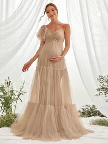 Maternity Ruched Ruffle Hem Mesh Elegant Dress, For Party