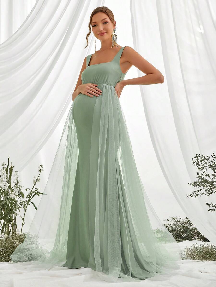 Maternity Solid Mesh Overlay Elegant Dress, For Party