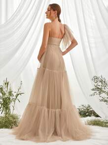 Maternity Ruched Ruffle Hem Mesh Elegant Dress, For Party