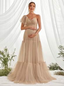 Maternity Ruched Ruffle Hem Mesh Elegant Dress, For Party