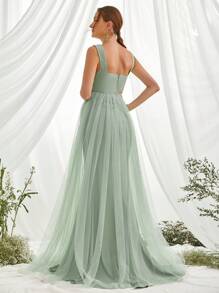 Maternity Solid Mesh Overlay Elegant Dress, For Party - Green - View 3