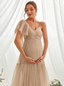 Maternity Ruched Ruffle Hem Mesh Elegant Dress, For Party