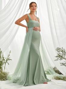 Maternity Solid Mesh Overlay Elegant Dress, For Party - Green - View 4